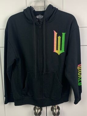 Wicked Glinda & Elphaba Black Long Sleeve Zip Front Hoodie SMALL Musical Sweatsh